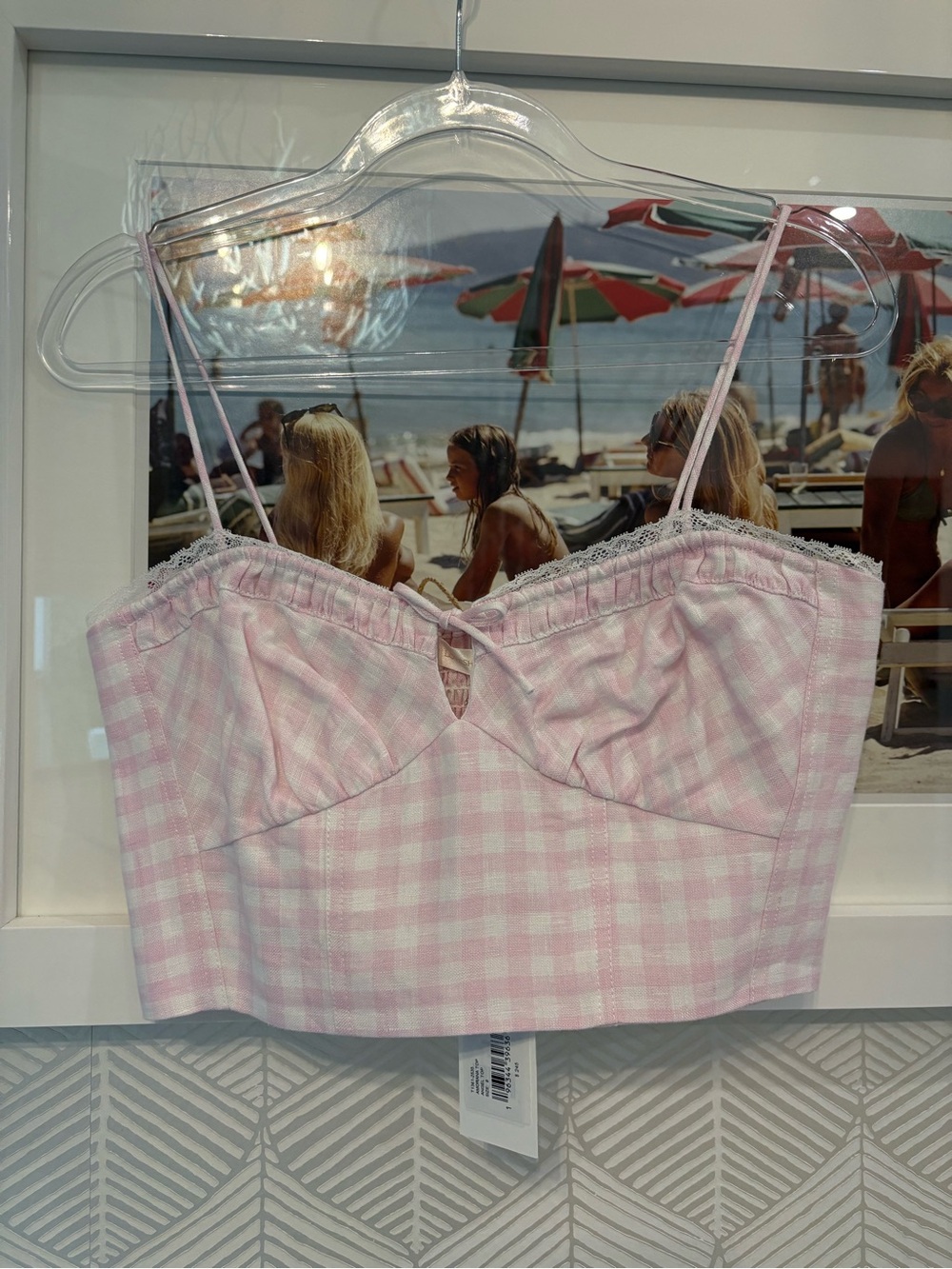 LoveShackFancy Pink Gingham Lace-Trim Cropped Cami
